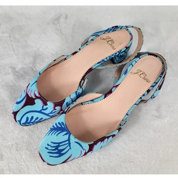 J.Crew Floral Slingback Heels Blue Purple Fabric Pumps Pointed Toe | 5.5 - Picture 3 of 15